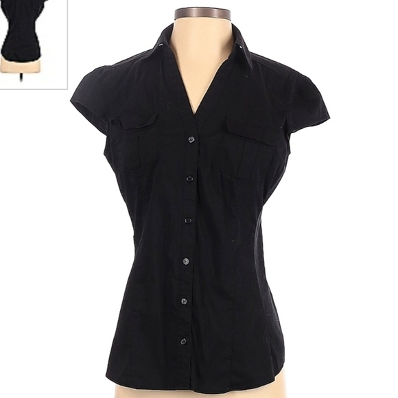 New York and Company Short Seeve Black Button Up Women's Small S Front Pockets - Picture 1 of 7